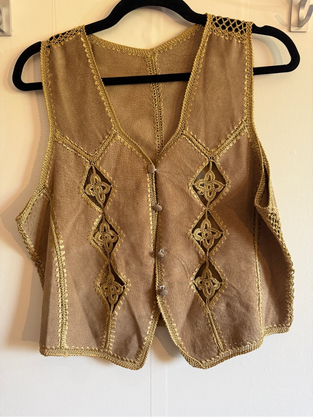 Vintage Inspired Suede Crochet Vest Boho Western Taupe Embroidered Size M/L